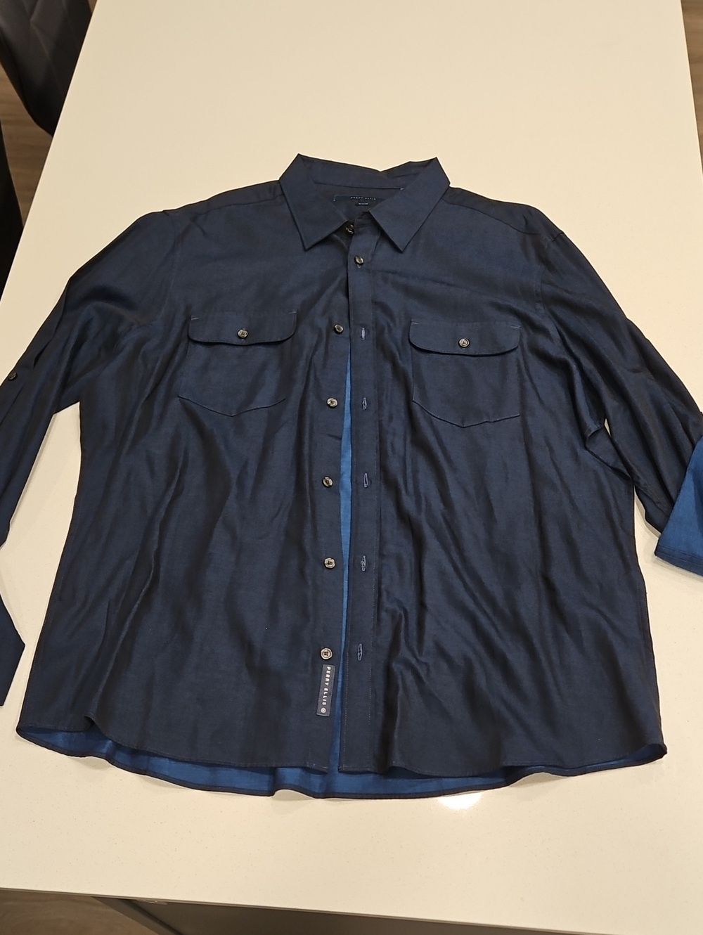 Perry Ellis Navy Button-Front Long Sleeve Shirt